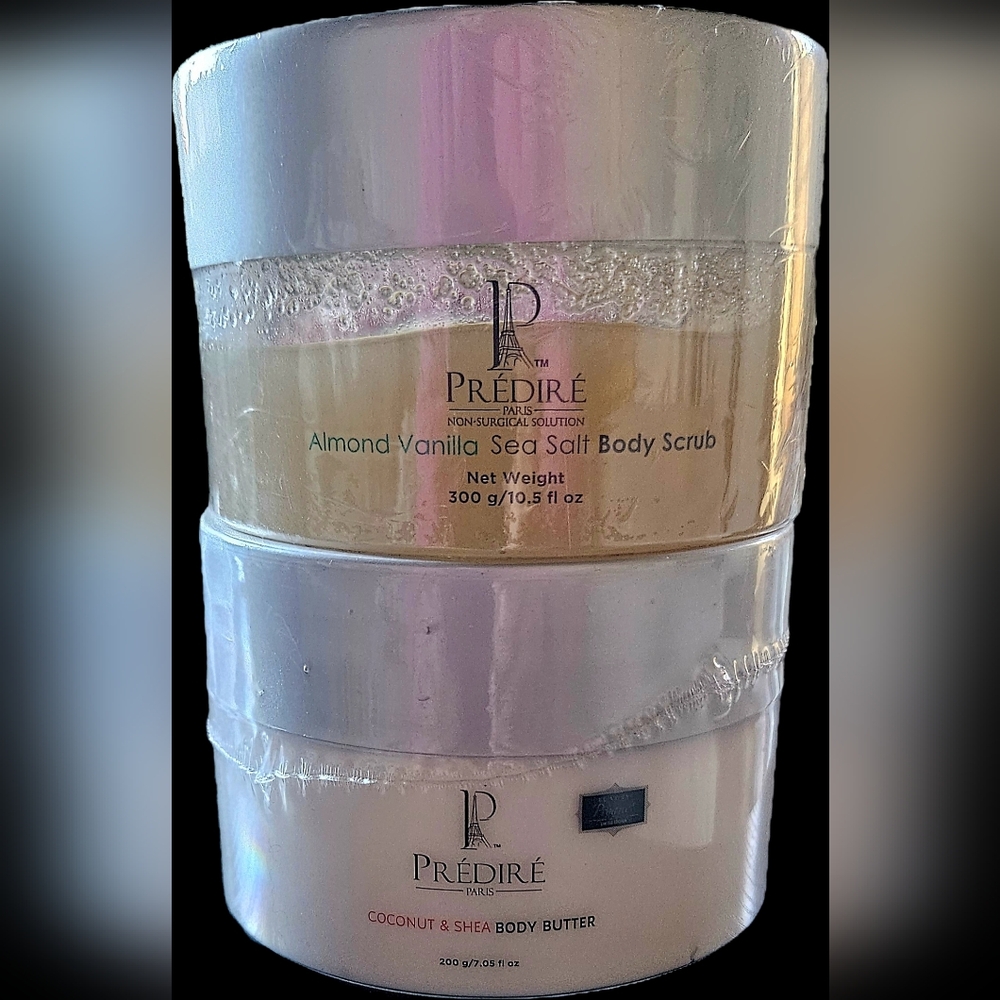 Both the Predire Almond Vanilla Body Scrub & Coconut & Shea Body Butter Set